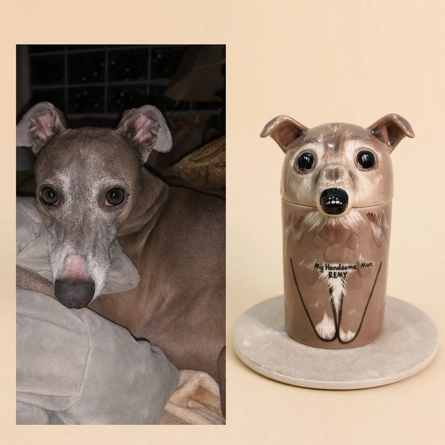 Lifelike pet likeness comparison - Real dog photo vs custom handcrafted memorial urn