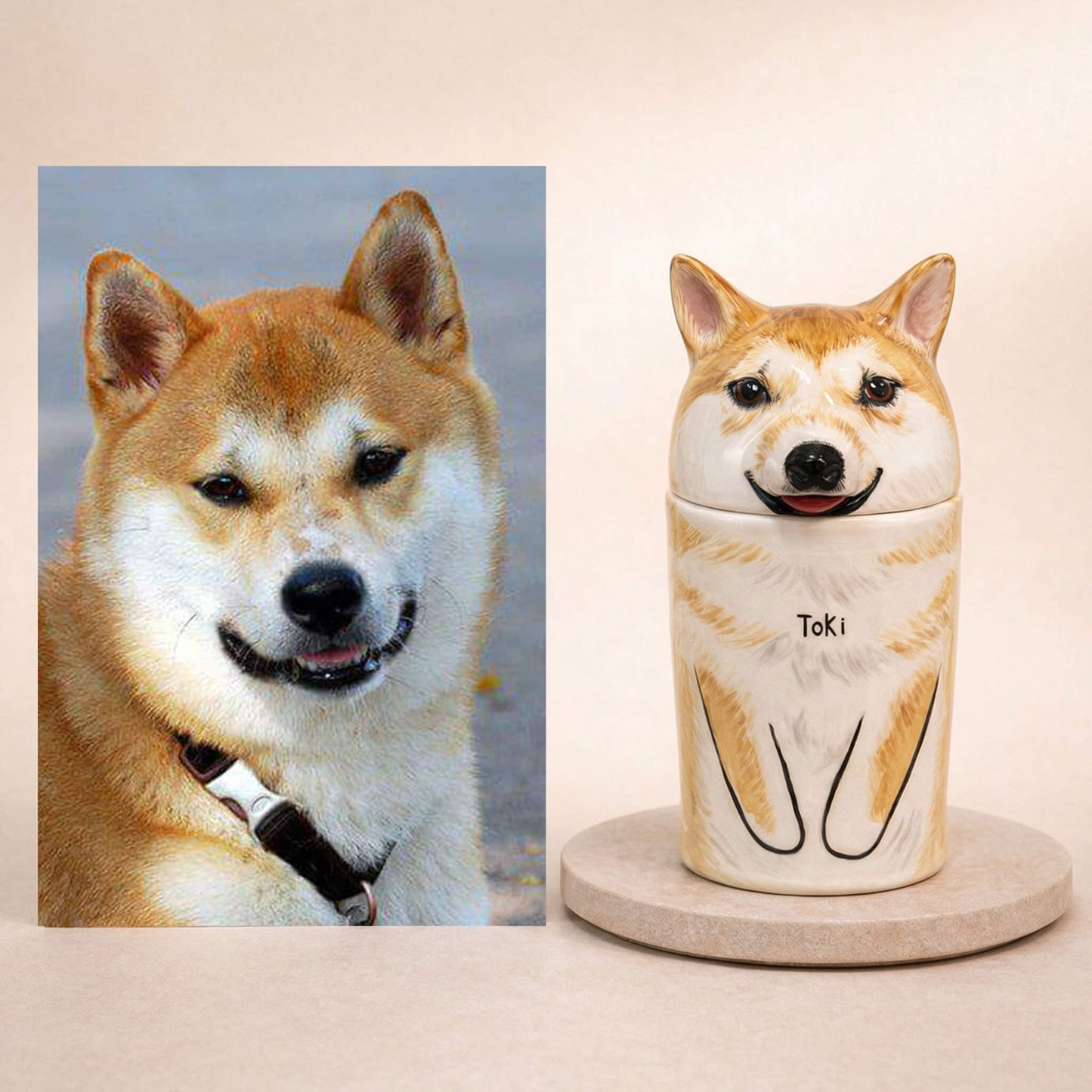 Custom dog memorial urn from photo comparison - Real Shiba Inu vs porcelain tribute