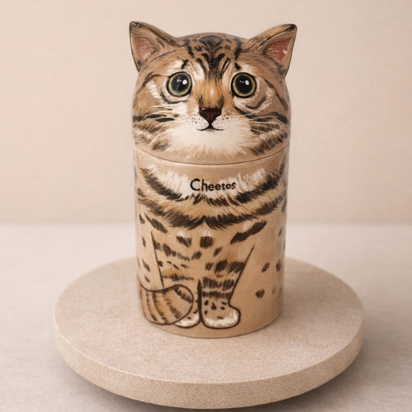 Hand-sculpted 3D relief cat urn personalized from photo - Bengal cat Cheetos style