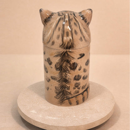 Handcrafted ceramic cat urn back view showing hand-painted fur and tail detail