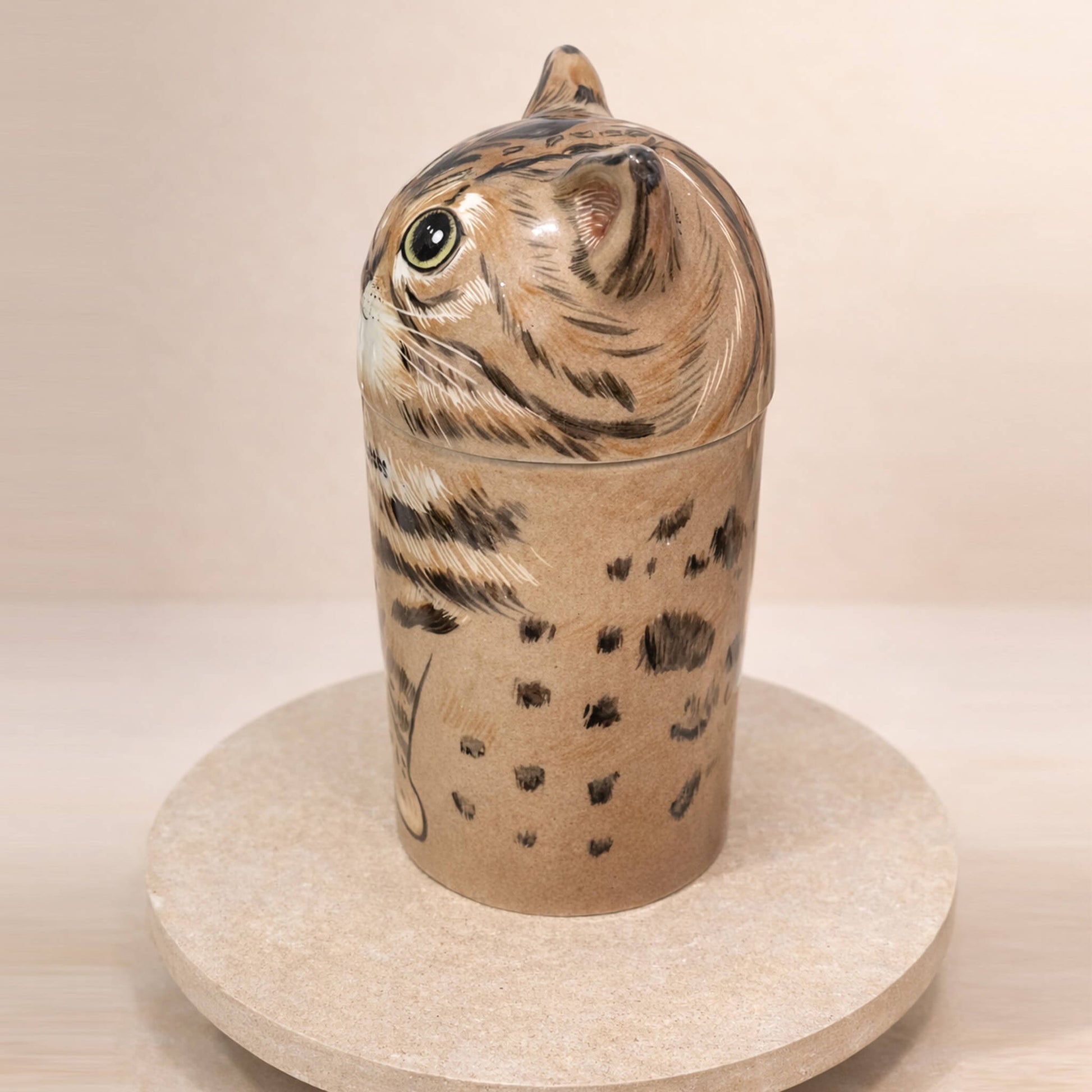 Lifelike porcelain feline memorial urn side profile - Artist sculpted cat spirit capture
