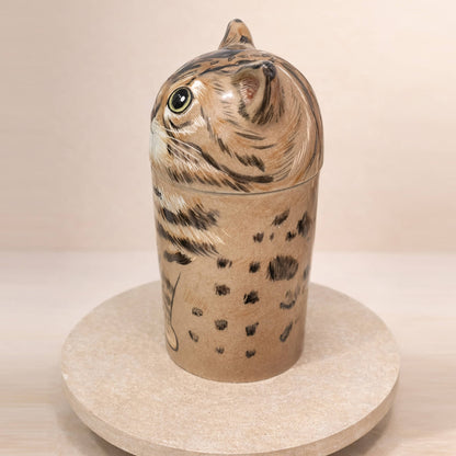 Lifelike porcelain feline memorial urn side profile - Artist sculpted cat spirit capture