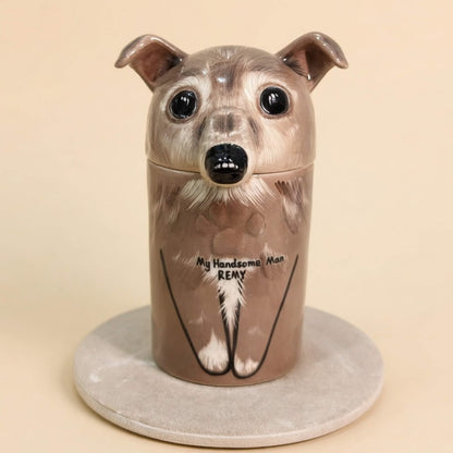 Personalized hand-painted porcelain dog urn for ashes - Grey dog memorial gift