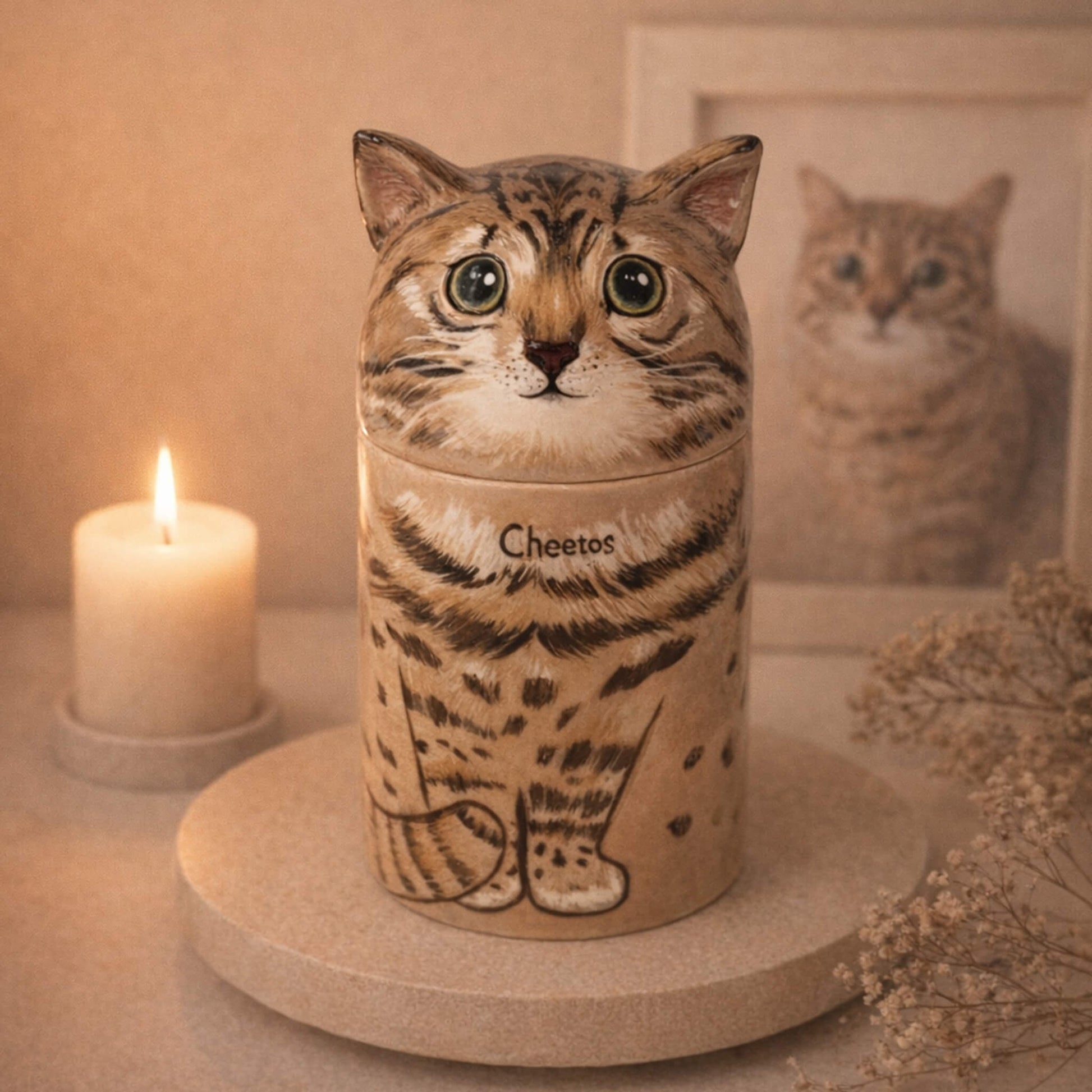 Elegant cat memorial urn with candle and photo - Healing home tribute decor