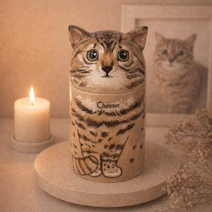Elegant cat memorial urn with candle and photo - Healing home tribute decor