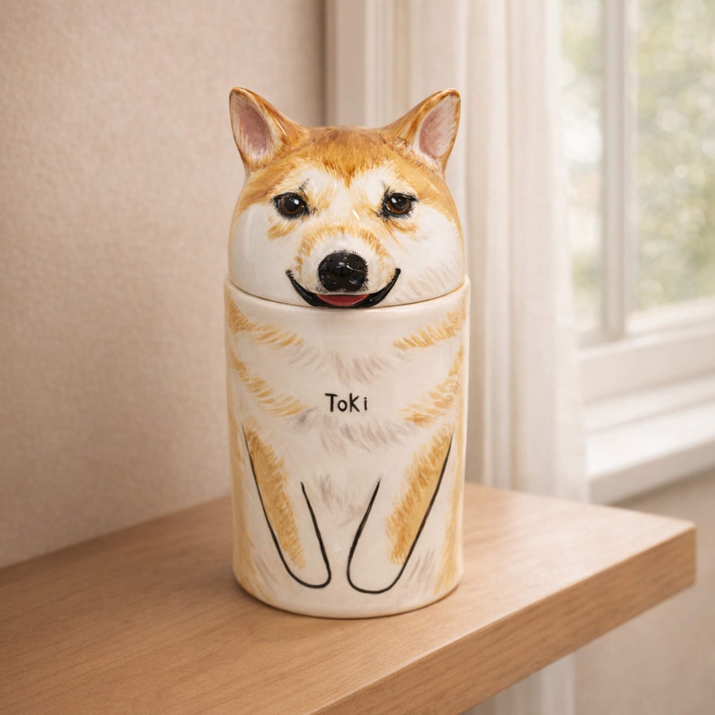 Elegant pet memorial urn displayed on home wooden shelf - Healing home decor