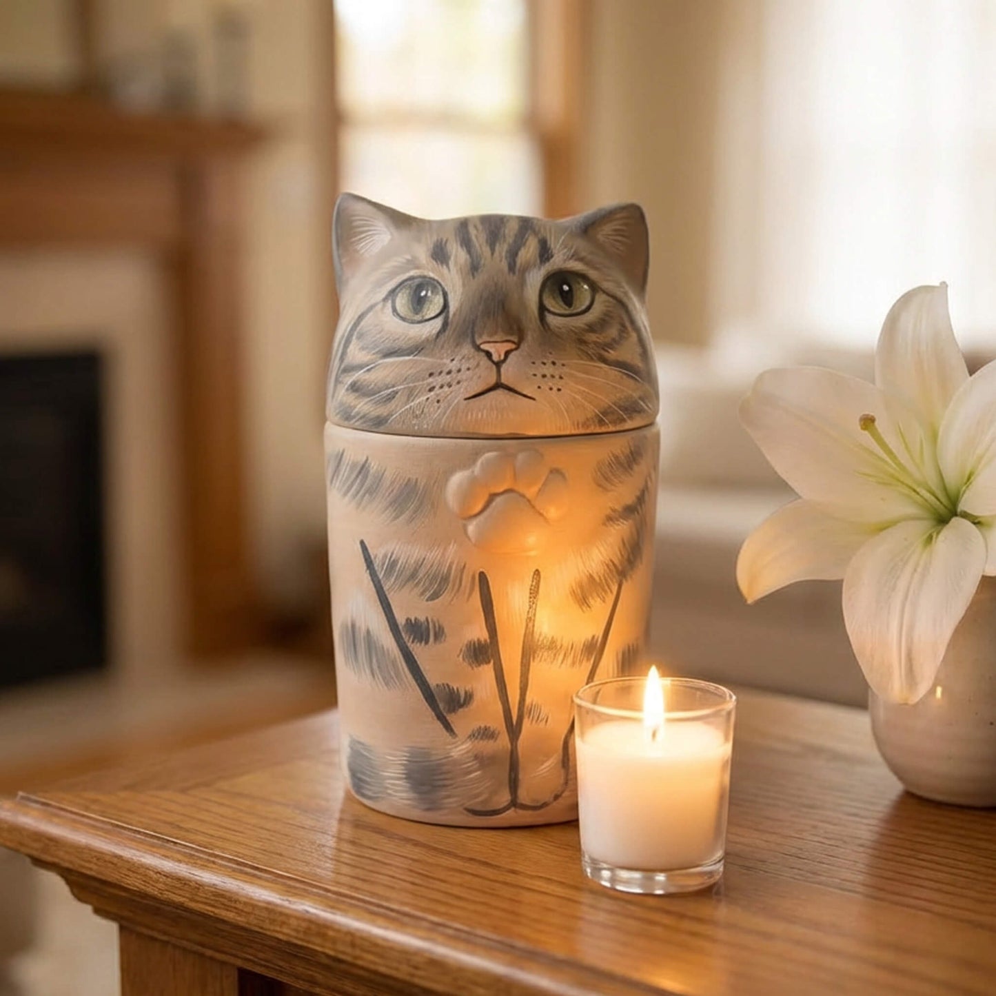 Personalized feline memorial urn in home living room - Sympathy gift for cat loss