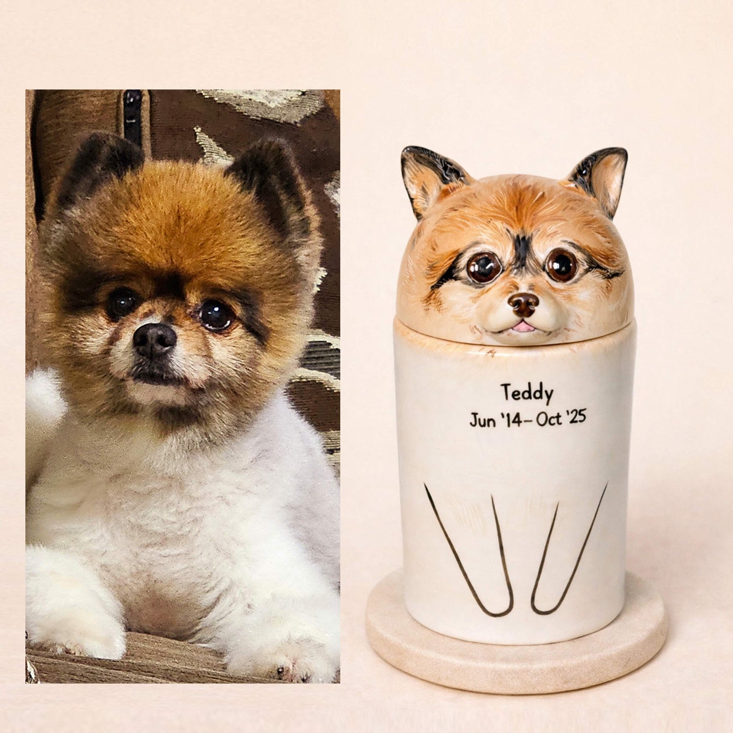 Custom 3D relief Pomeranian urn from photo - Hand-sculpted porcelain pet memorial