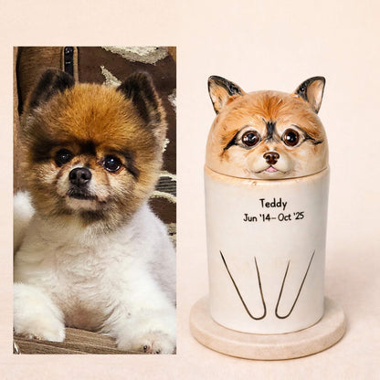 Custom 3D relief Pomeranian urn from photo - Hand-sculpted porcelain pet memorial