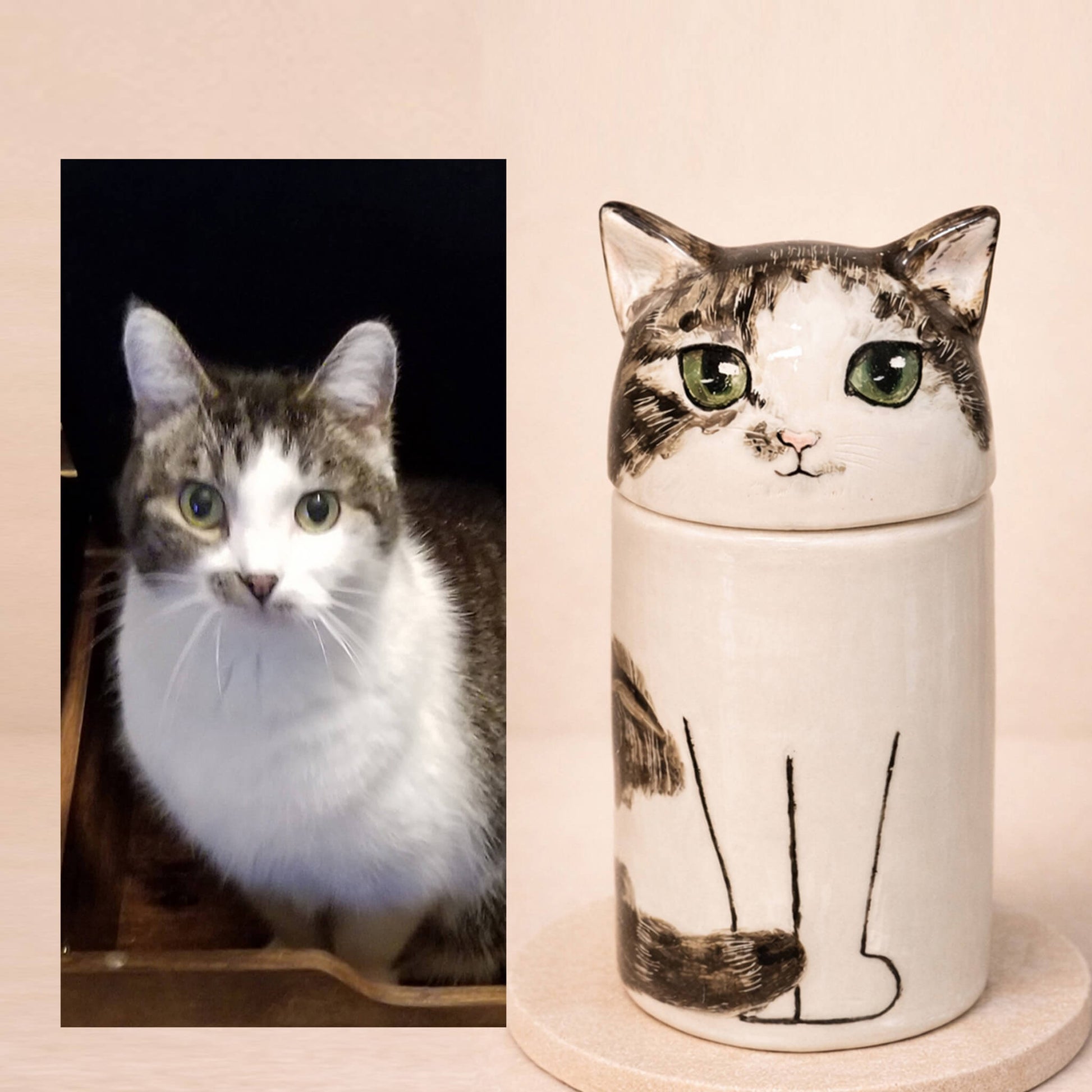 Lifelike cat likeness comparison - Real tabby cat photo vs custom handcrafted urn