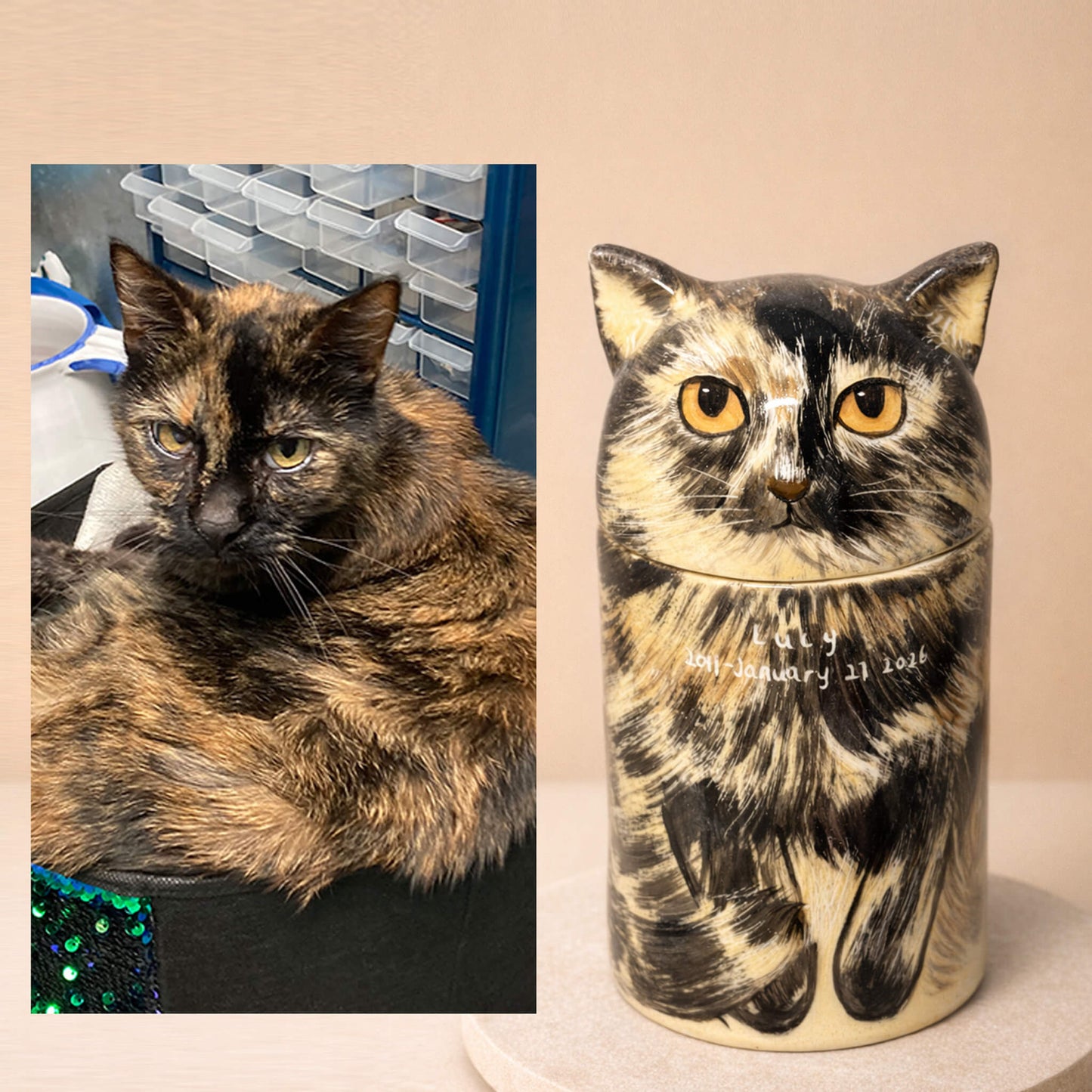 Personalized tortoiseshell cat urn for ashes - Hand-sculpted porcelain feline memorial