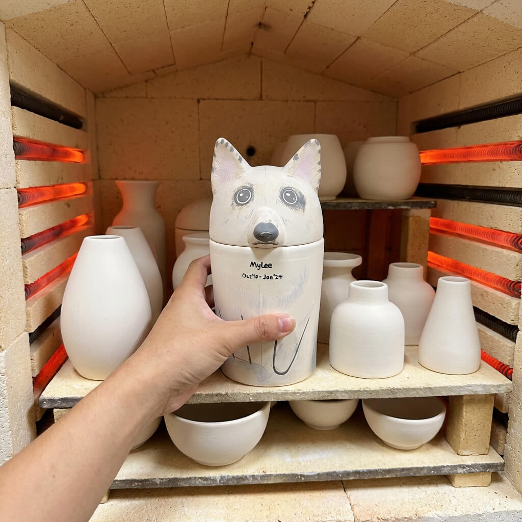 Hollow Paw custom urn being fired at 1300 degrees Celsius for 16 hours to ensure jade-like durability