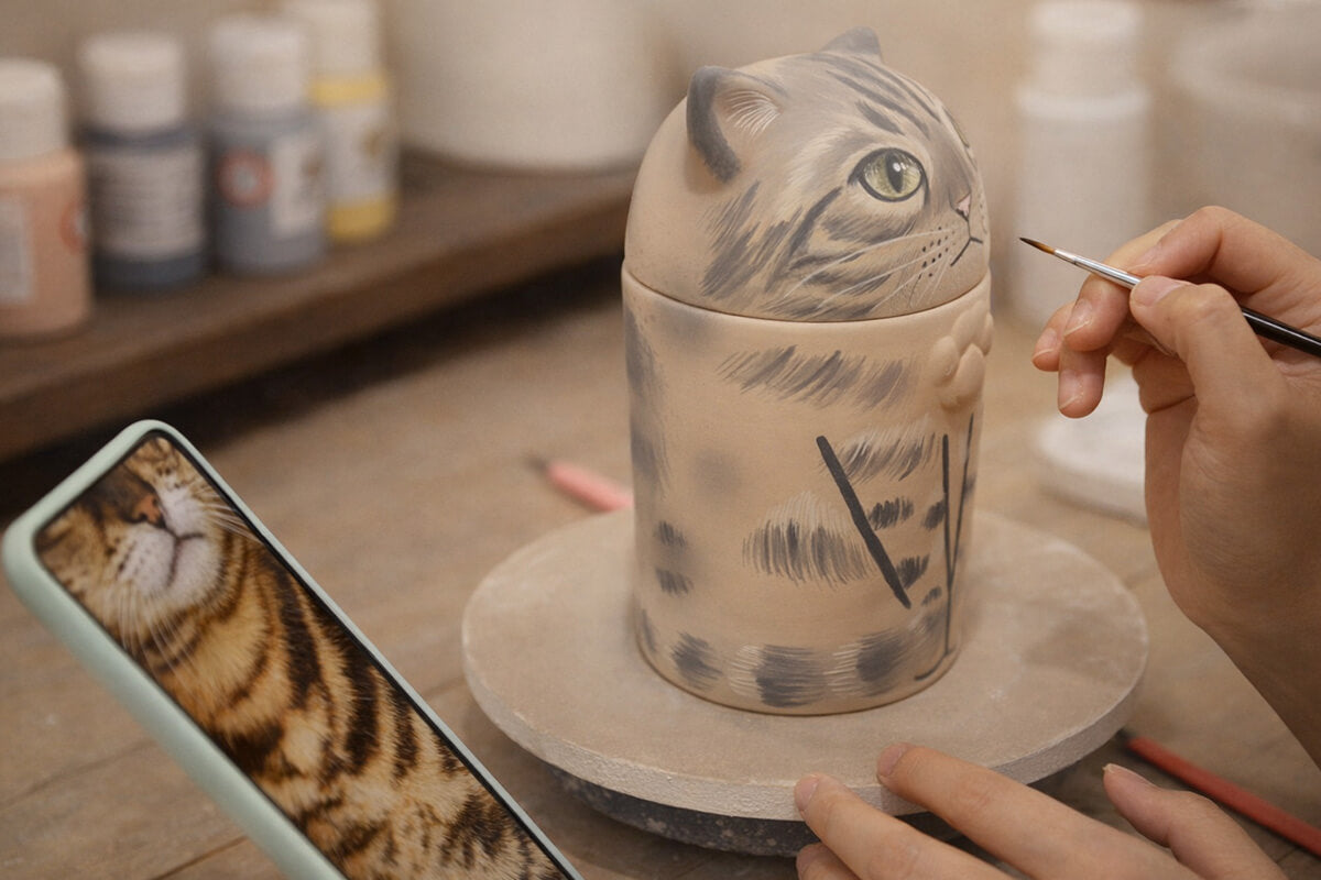 Hollow Paw artisan hand-painting a custom 3D relief pet memorial urn with devotion and respect, capturing every personal detail from a photo for a lasting tribute.