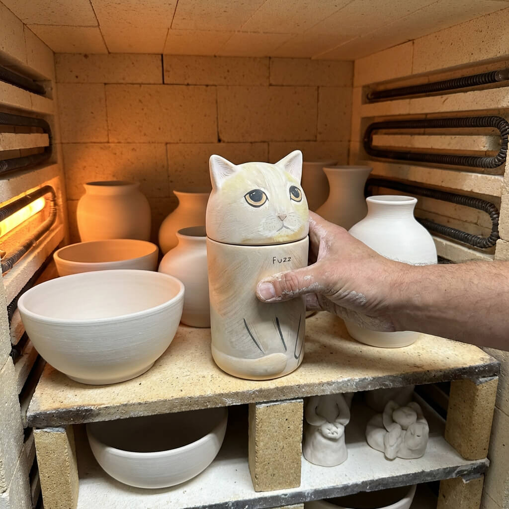 1300°C high-fire porcelain process for Hollow Paw cat urns, ensuring eternal durability and jade-like finish.