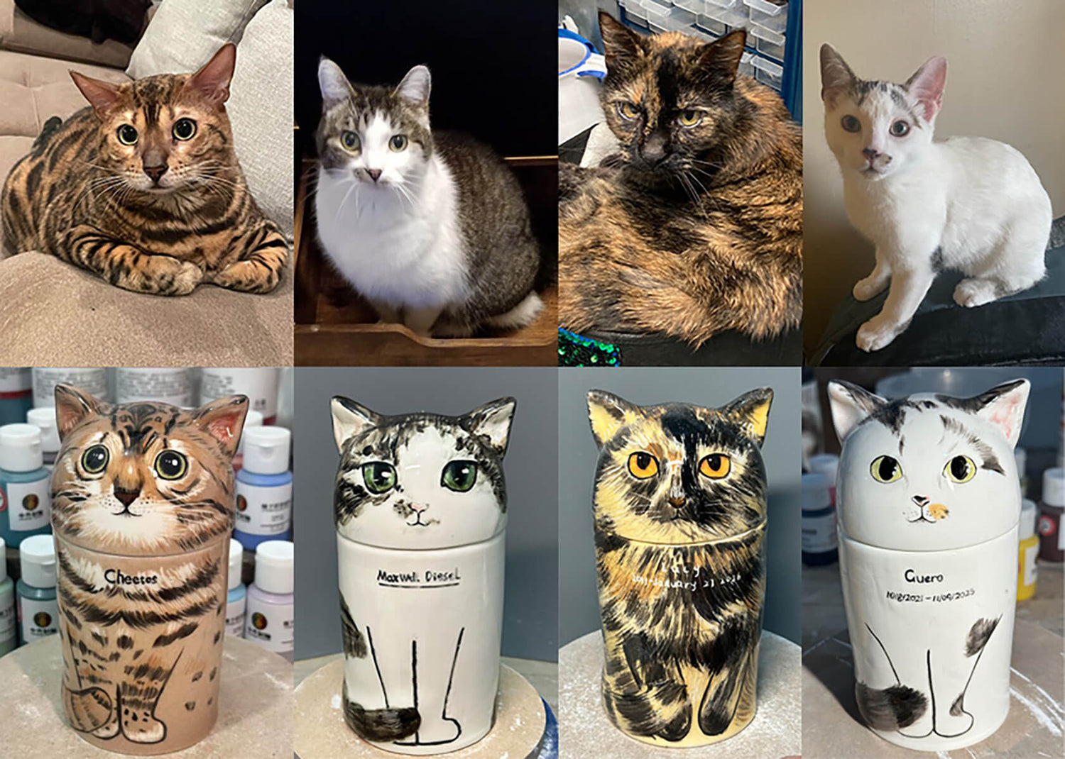 Hollow Paw custom cat memorial urn comparison - lifelike Bengal cat likeness handcrafted from photo on 3D relief porcelain.
