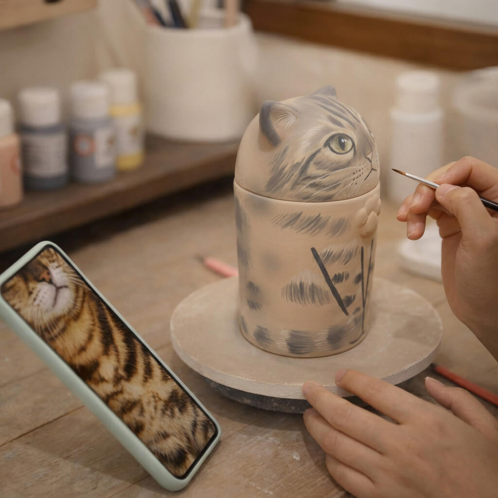 Artist hand-painting unique feline markings and spirit on a custom Hollow Paw cat memorial urn.