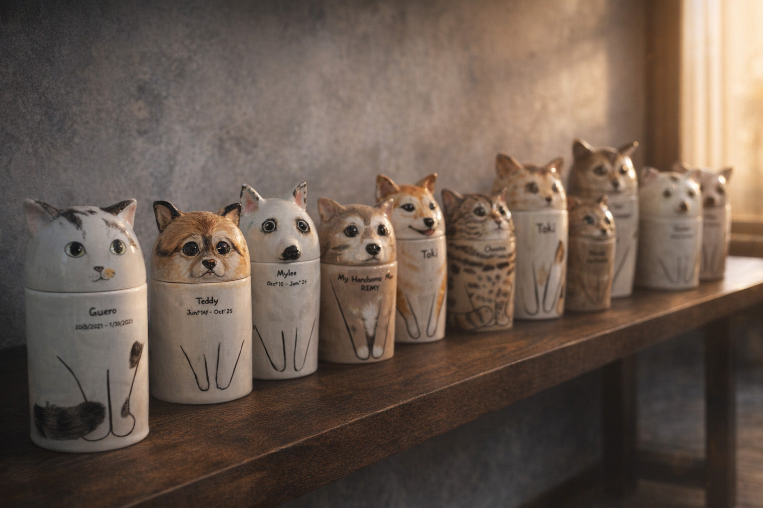 Hollow Paw Official Banner: Premium handcrafted pet memorial urn created from photo with 1:1 artist spirit capture and 1300°C high-fire porcelain finish.