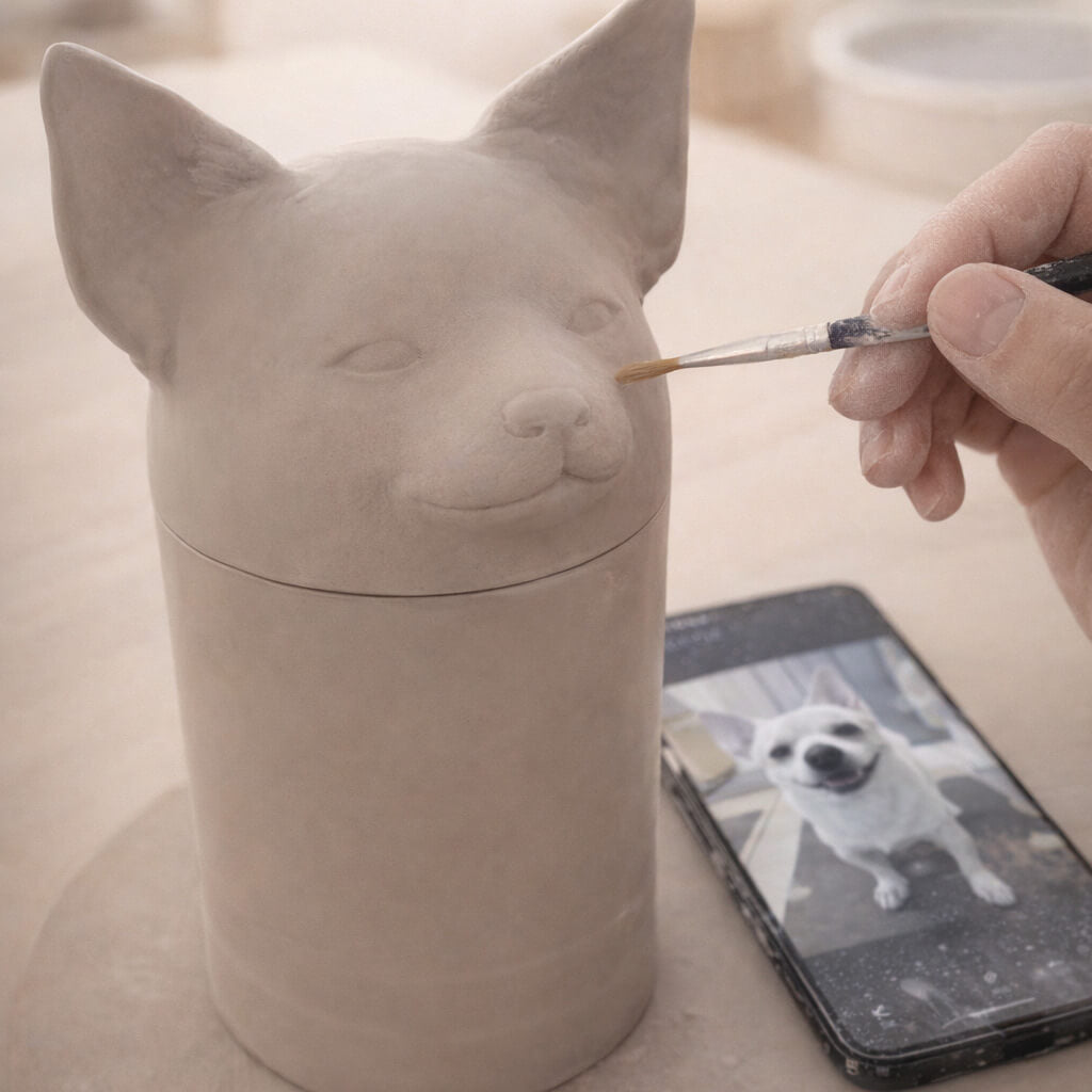 Hollow Paw artist hand-painting a detailed pet portrait onto the bisque-fired porcelain urn, capturing unique features from a customer's photo.